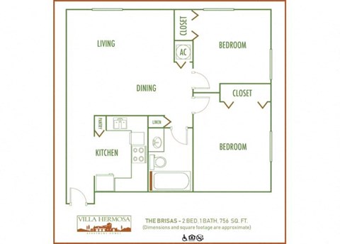Floor plan for 2 beds, 1 bath, 756 sqft